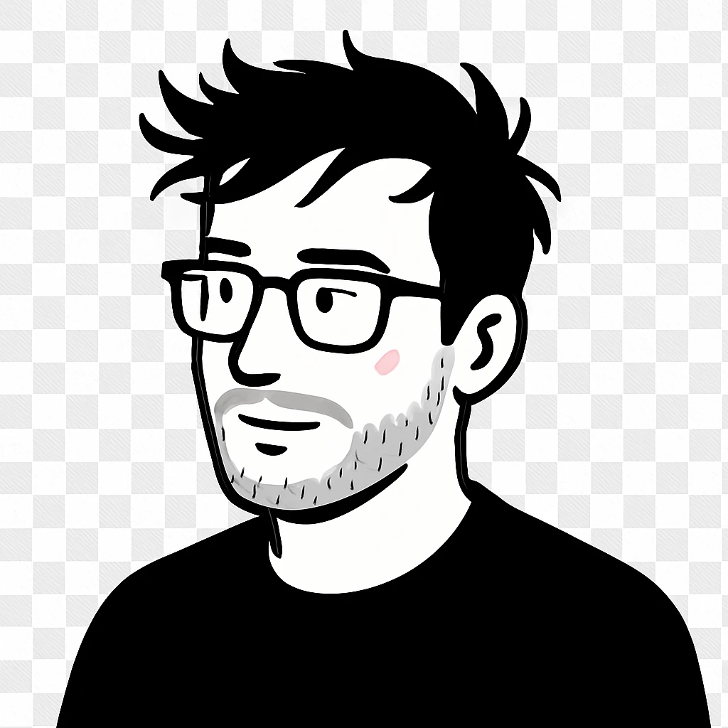An intellectual man with rectangular glasses, messy windswept hair, and a subtle short beard, looking slightly to the side emoji