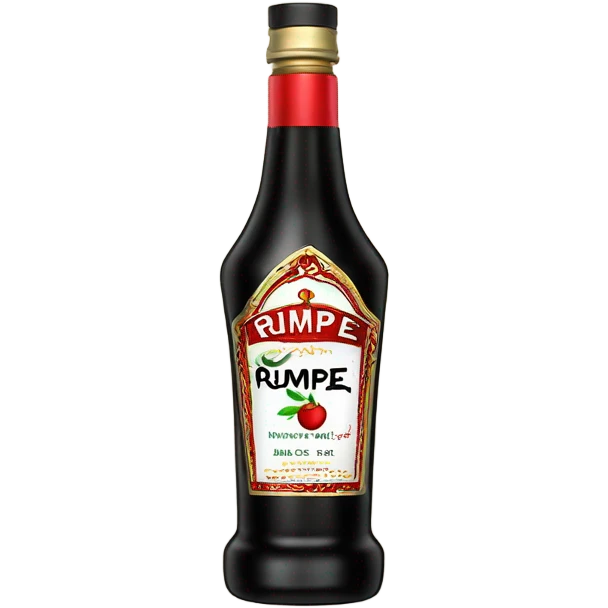 Tall clear alcohol bottle of “Rumple Minze” alcohol with black and red label emoji