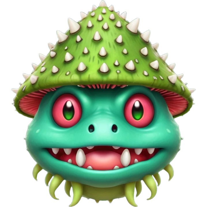 poisonous mushroom monster portrait, head and shoulders only, animal-like creature, mushroom cap head with spikes, toxic green glow, beast-like eyes, furry neck details, monstrous but cute fantasy vibe, 3D cartoon, mobile game icon style, clean background, no text, no watermark

 emoji