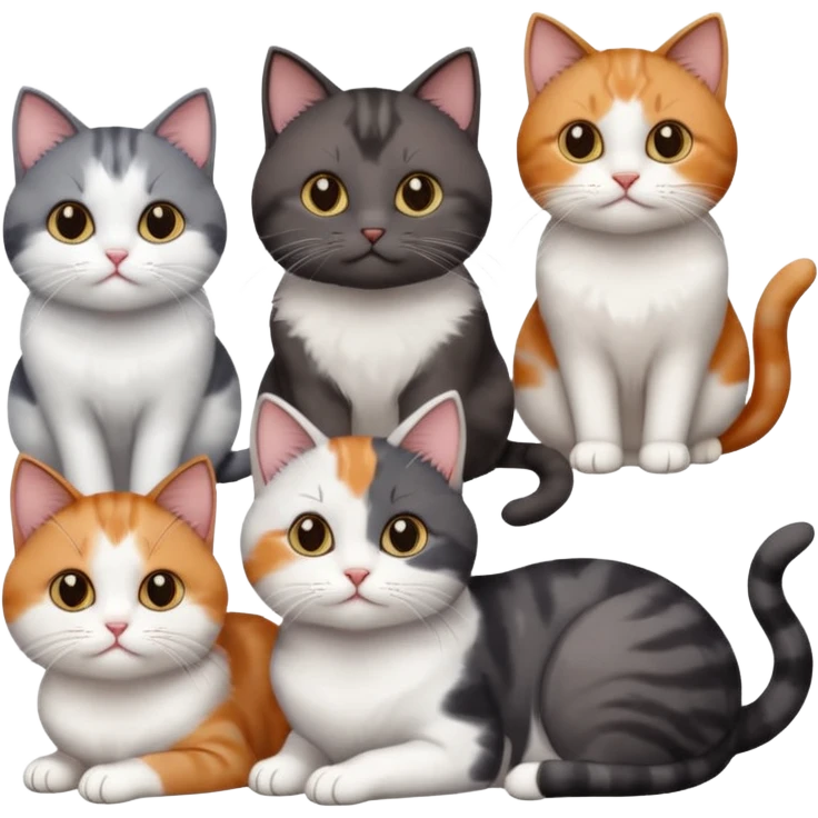 5 different coloured short haired cats including; a dark brown and white cat, and a dark grey and white, and a calico emoji