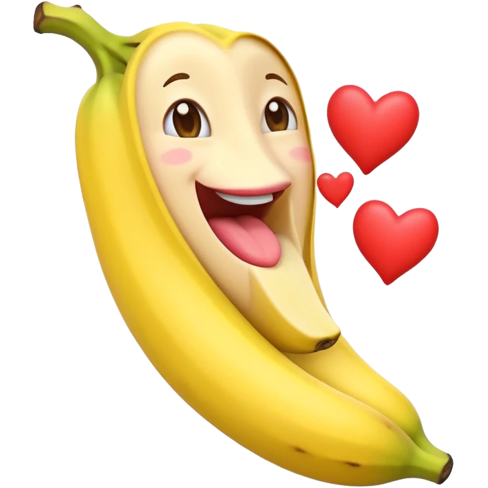 A banana with big lips, throwing a kiss with hearts all around it emoji