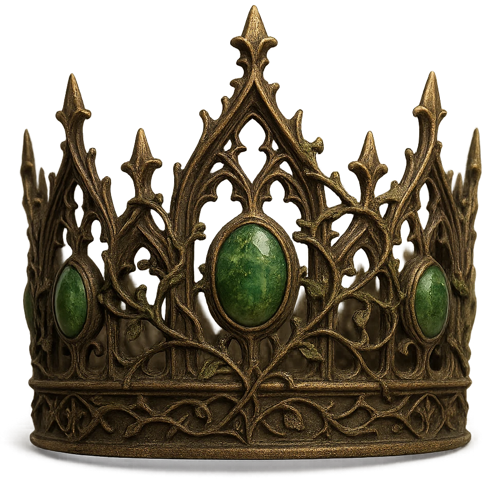 gothic crown in bronze with mossy green gems and vine details, ancient and enchanted emoji