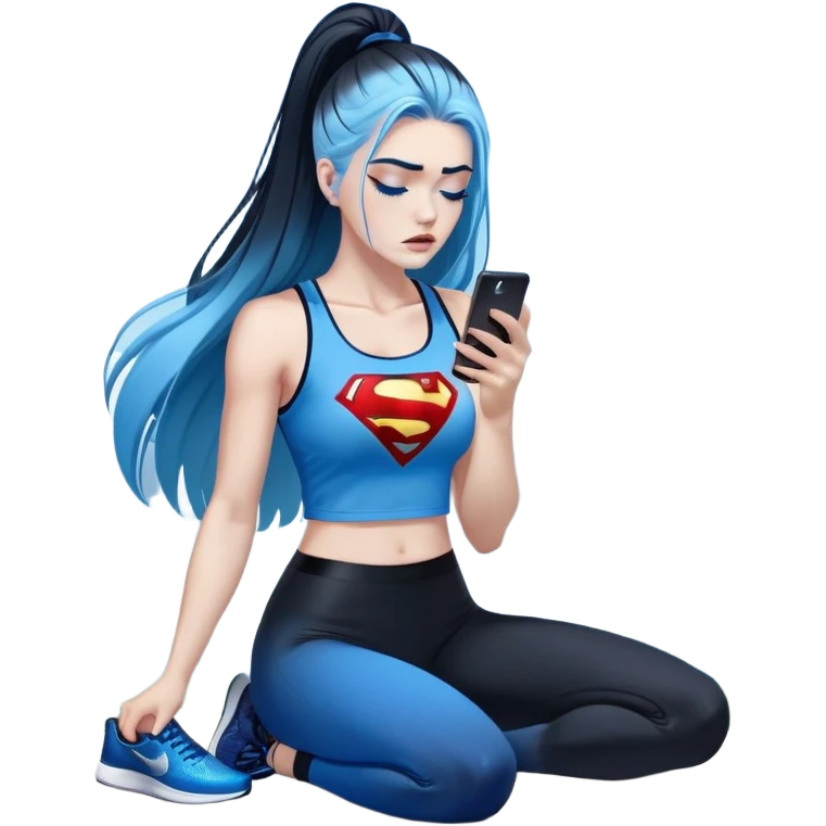 Shameful disappointed crying-very very very very big chest-texting on a samsung cell phone-very long straight flowing black to sky blue hair ombre-blue eyes-black eyeliner-long eyelashes-plastic sparkling sky blue very low cut tank top with sparkling superman logo-black leggings-nike sneakers emoji