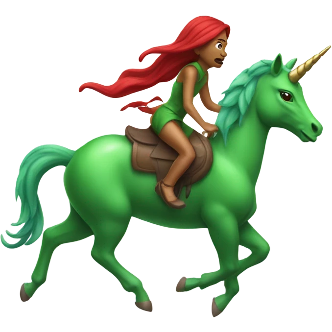 a green amazon alien woman on a four-legged red unicorn emoji