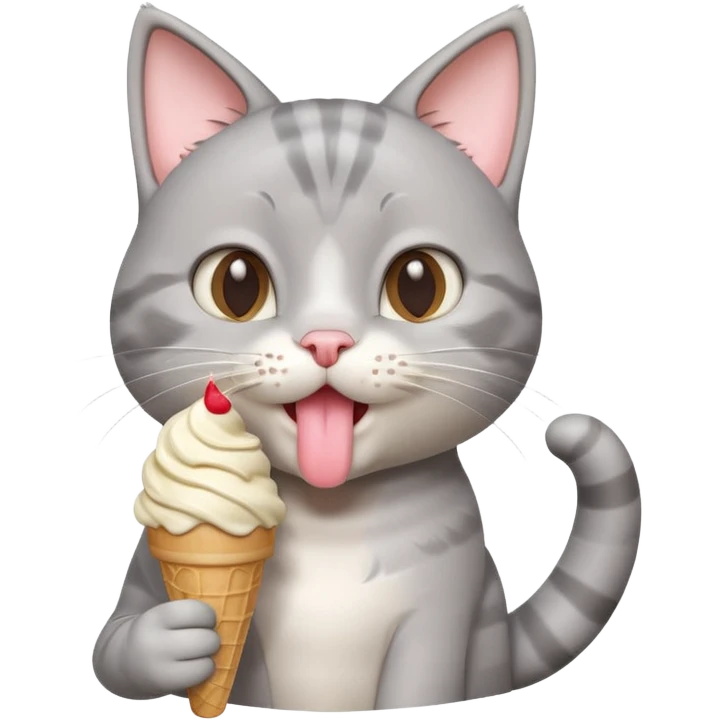 cute gray cat portrait, head and shoulders only, licking an ice cream cone, funny happy expression, 3D cartoon, mobile game icon style, clean background, no text, no watermark
 emoji