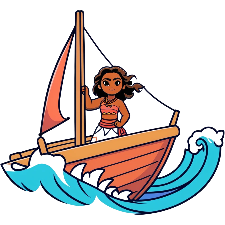 Moana sailing on her boat with ocean waves emoji