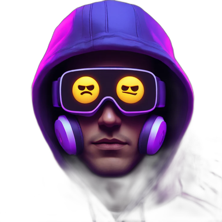 Russian man wearing a black hoodie with "OMG" letters on it and VR headset in a cyberpunk VR environment with violet neon lighting. emoji