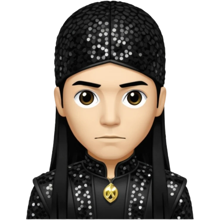 Taboo from Black Eyed Peas with long black hair, black sequin outfit  emoji