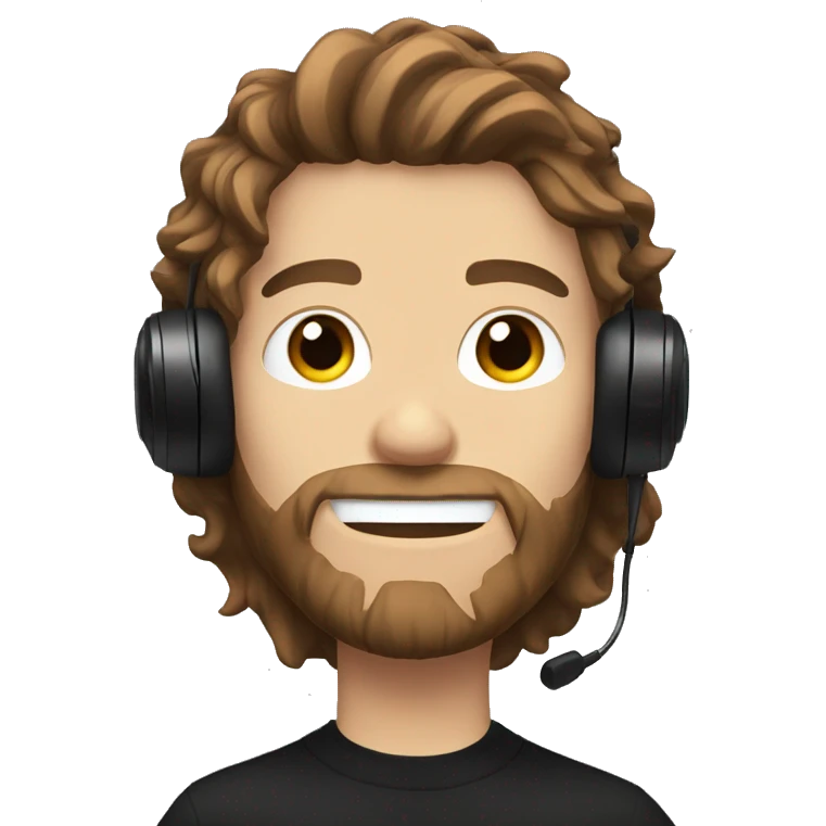 White male with brown messy hair a black gaming headset and black sweater   emoji