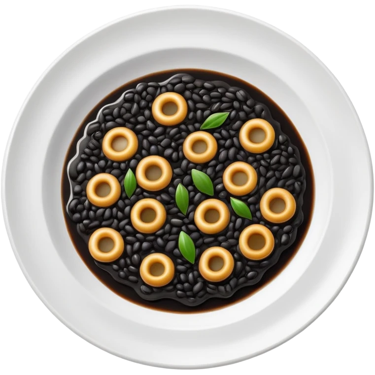 cinematic-realistic-black-risotto-dish-emoji,-showcasing-small ring pieces in black sauce -rendered-with-bold-textures-and-dynamic,-dramatic-lighting in a white plate emoji
