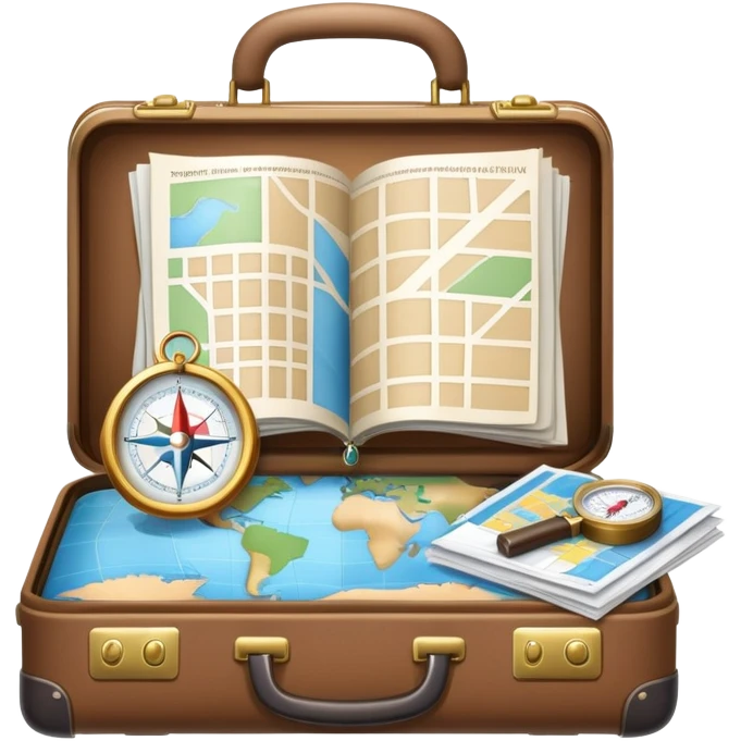 An icon featuring a suitcase, hotel building, symbolizing the scientific study of tourism and hospitality. The design includes a map, a compass, and a checklist, representing travel planning and service management. Transparent background highlights the academic exploration of the tourism industry. emoji