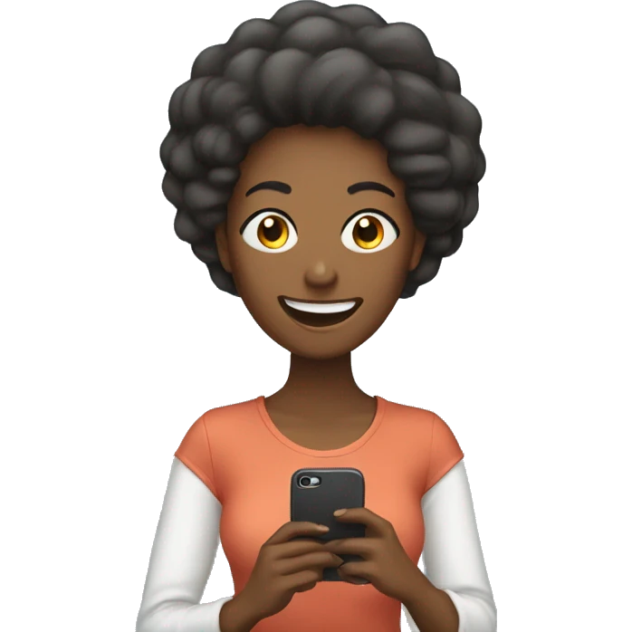 woman smiling and shwoing her phone emoji