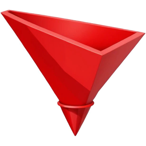 Abstract red funnel shape on white background with fragments or icons entering from the top and simplified content exiting below. No text. Minimal, clean design that represents AI-powered summarization emoji