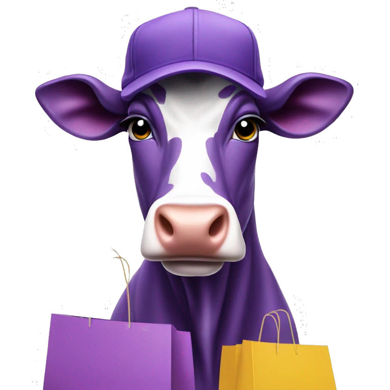 Purple cow in a cap with shopping bags emoji