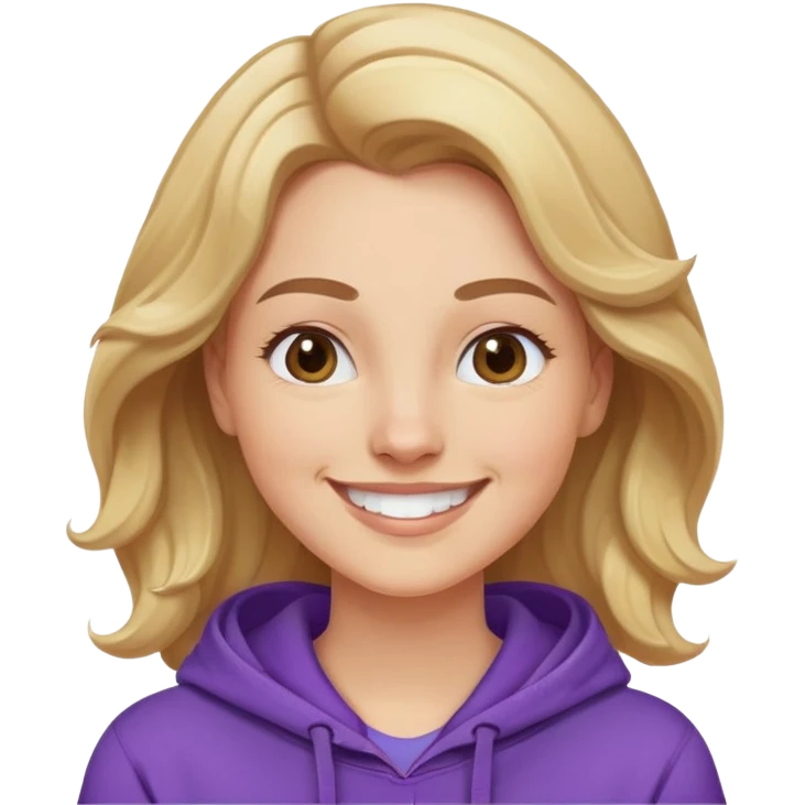 Mujer caucasian, cara redonda, cejas suaves, pelo ondulado castaño claro con puntas rubias, raya al lado. Sonrisa amplia, expresión feliz. Hoodie lila puesta emoji