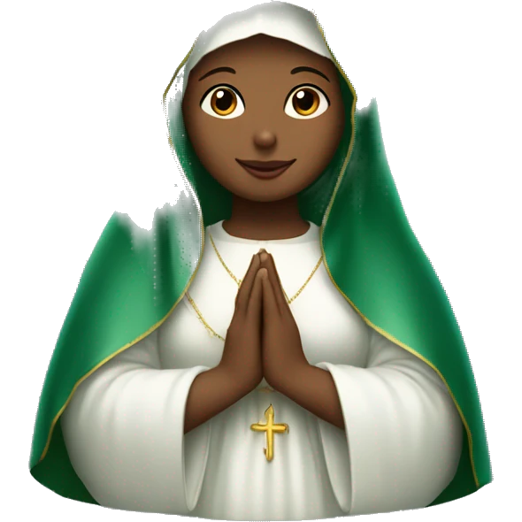 Certainly! Here’s a shorter description:  ---  **Virgin Mary:** Serene and kind face. Wearing an emerald green  robe and white veil. Hands in prayer or blessing. Halo around her head. Often standing on a crescent moon.  emoji
