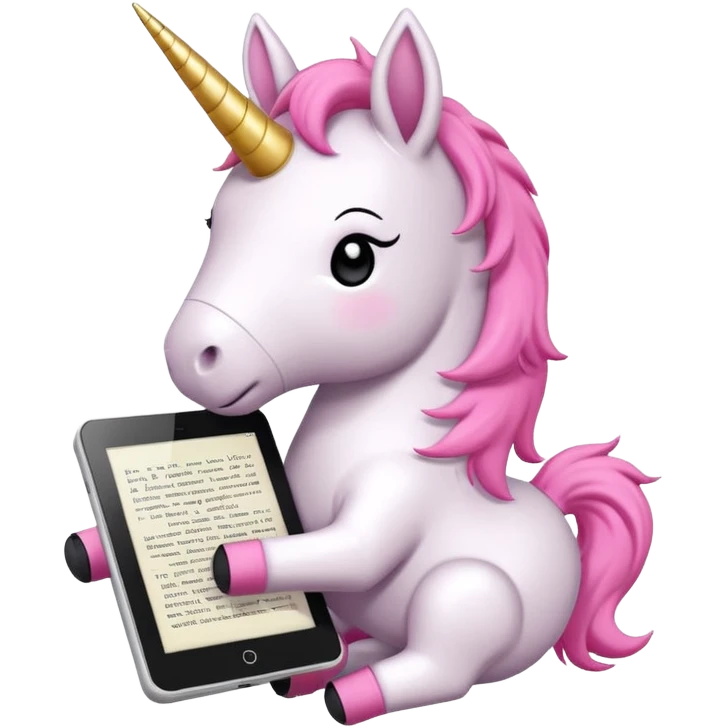 Emoji WhatsApp di un unicorno di peluche bianco con corno rosa, cuffie nere e e-reader. Stile vettoriale pulito, forme arrotondate, colori morbidi, espressione dolce, sfondo trasparente. emoji
