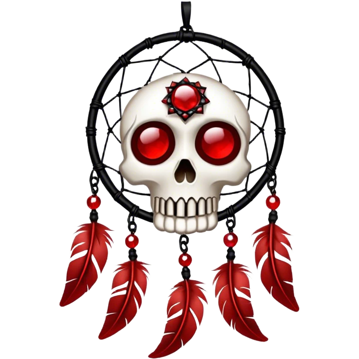 Blood-red, bloody, obsidian-black, edgy, dream catcher, red gemstones, black wire, black threads, skull, white feathers, badass, evil, gorgeous aesthetic, gothic decoration emoji