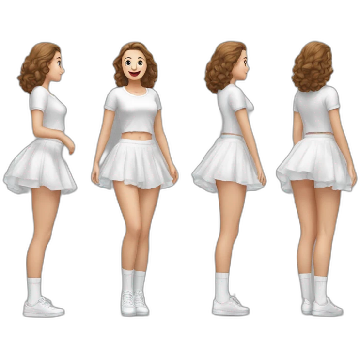 hyperrealistic-full-body-caucasian-curvy-beauty-jumping-small white-skirt-back-and-front-views-strong-wind-knickers white socks emoji