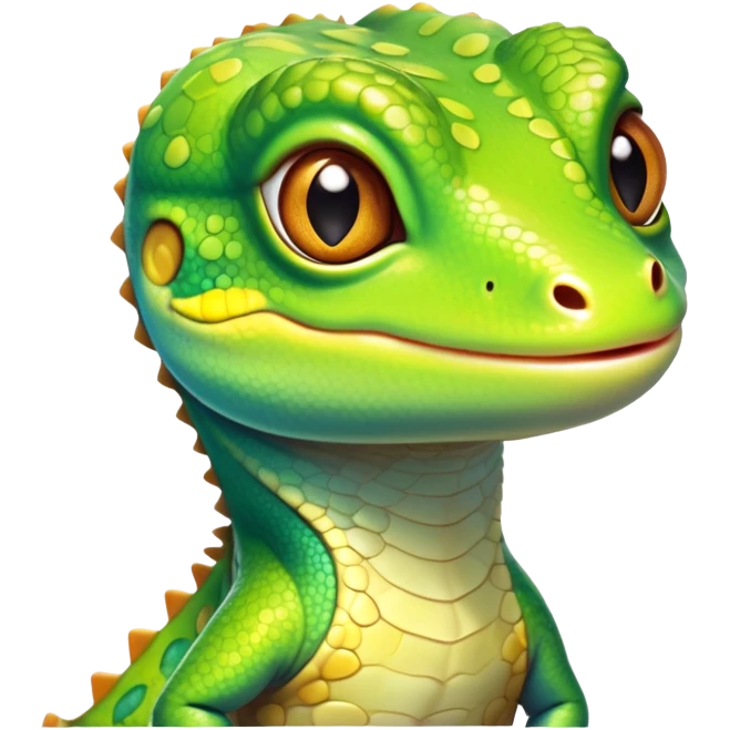 cinematic-cute-realistic gecko-portrait-emoji,-head-tilted-playfully-and-inquisitively,-featuring-a-small,-charming-body-with-smooth,-vividly-patterned-scales,-bright,-sparkling-eyes-and-delicate,-sticky-toe-pads,-simplified-yet-irresistibly-adorable emoji