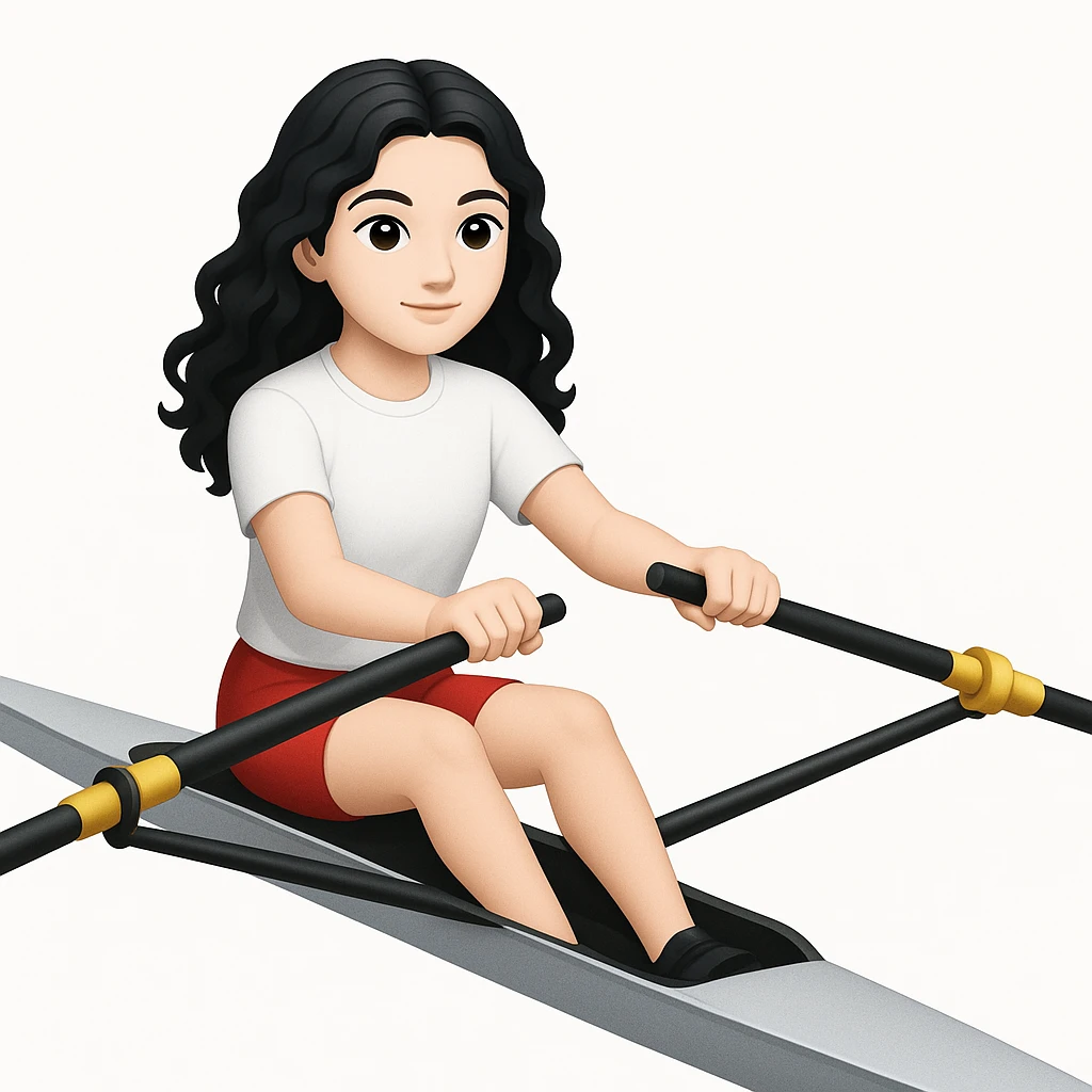 Altındaki tekneyi olimpik kürek sporu için uygun, uzun ve ince yarış teknesi olarak değiştir. Kız siyah uzun dalgalı saçlı, beyaz tenli, kırmızı şort ve beyaz kısa kollu tişörtle olimpik kürek sporu yapıyor emoji