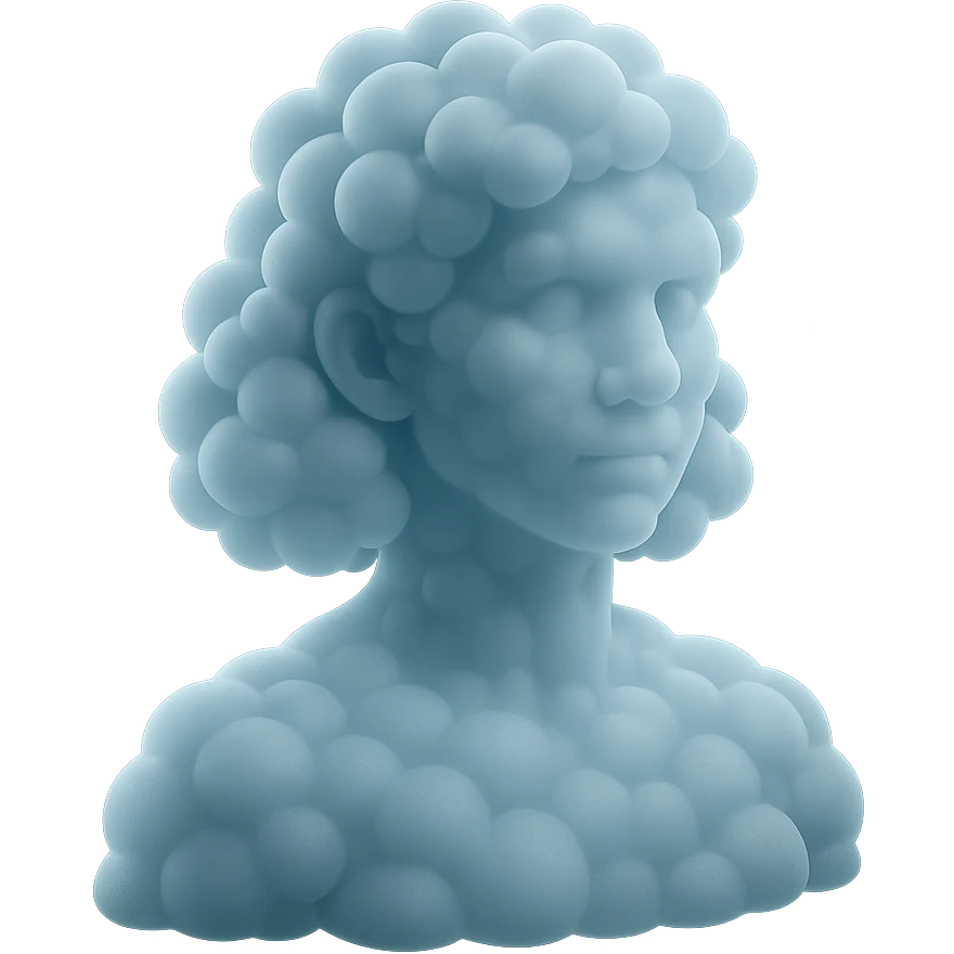 person looking straight, composed entirely of bright convex clouds, shoulder length, matte glass style emoji