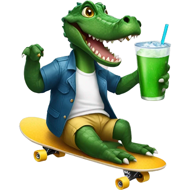 alligator riding skateboard while holding a drink emoji