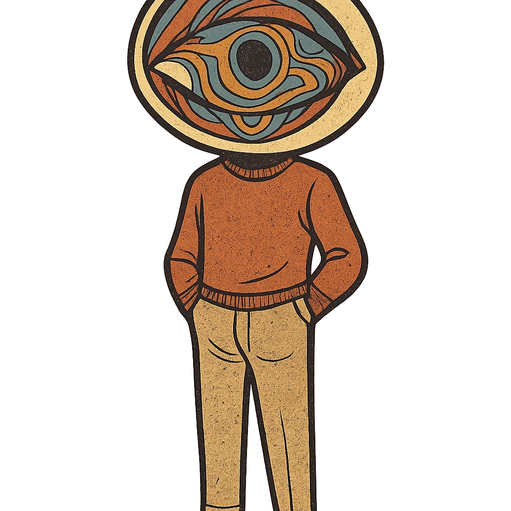 retro style person, head is a single trippy eye, no face, vintage color palette emoji