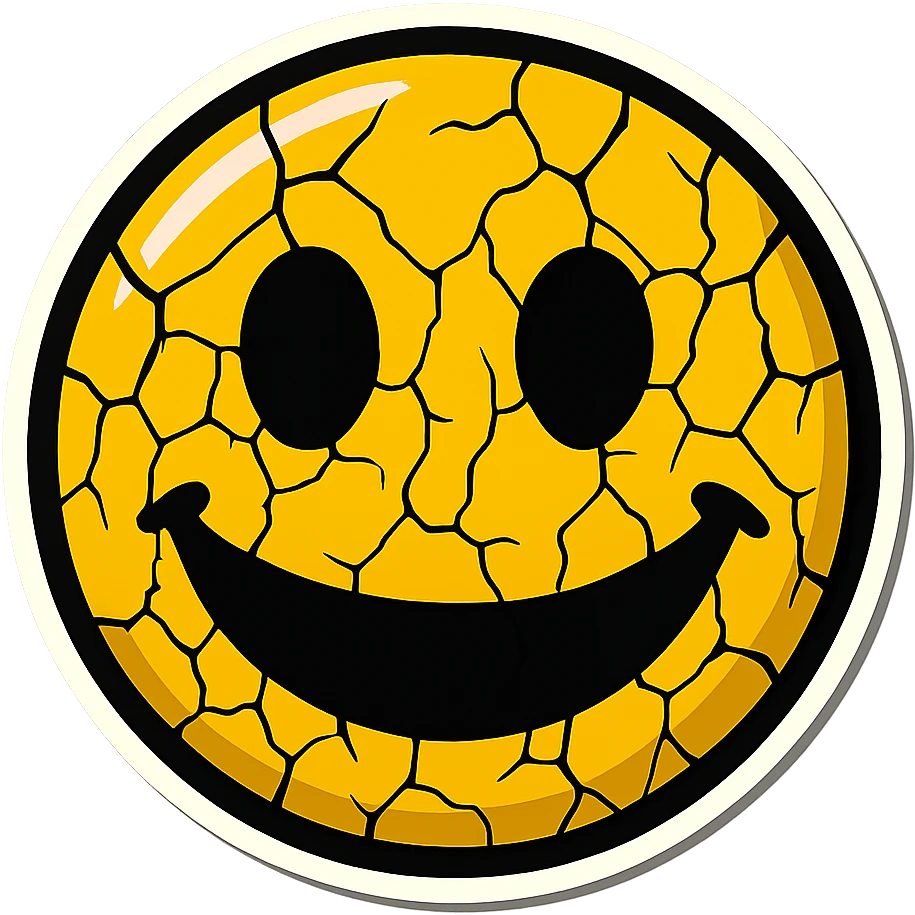 creepy emoji with cracks, empty eyes and wide smile, retro stickers style, sharp black outlines, clear shadows and highlights, no gradients emoji