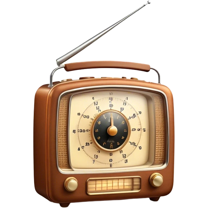 A photorealistic icon featuring an old-fashioned radio with a vintage dial, radio waves emanating from it, and a warm, glowing light. The design includes detailed textures, soft lighting, and nostalgic elements, symbolizing the love for radio broadcasting and music. Transparent background. emoji