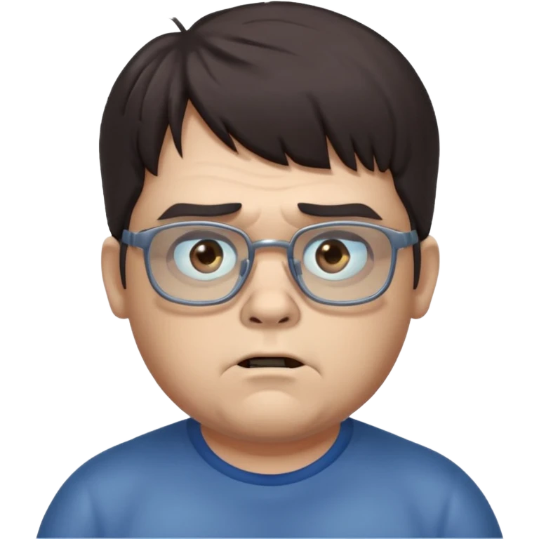 An emoji of a slightly chubby male zombie with dark brown hair and bangs down to his eyebrows, wearing square, bluish glasses. emoji