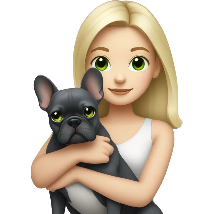 A blonde girl with green eyes with a square hugs a dark gray French bulldog emoji