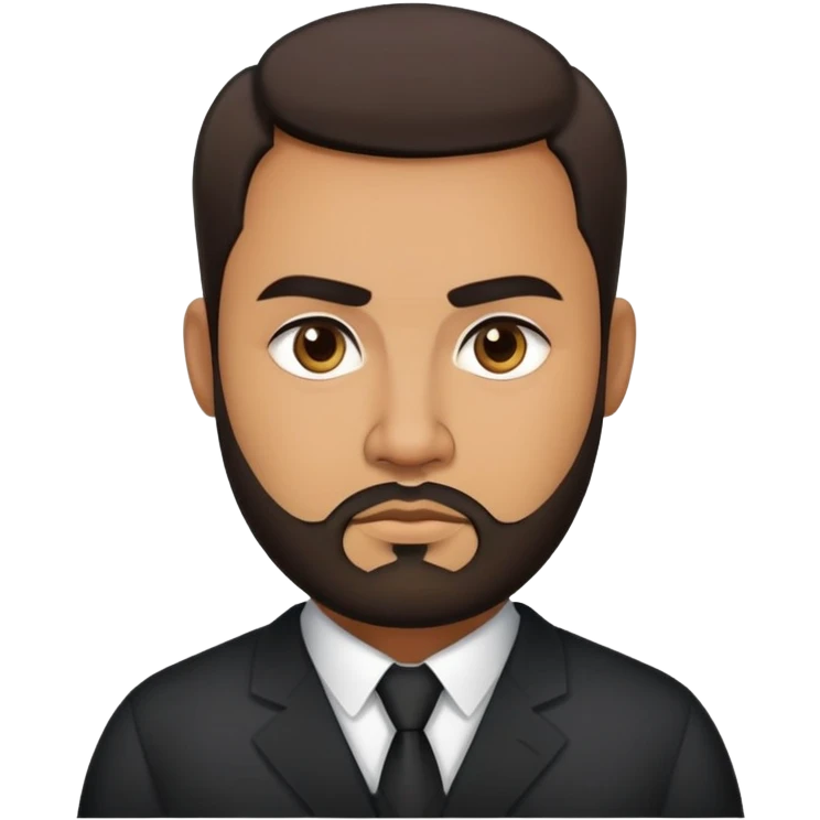 Heavier-set producer with light brown skin, pear-shaped face, full cheeks, serious dark eyes, thick eyebrows, wide nose, confident expression, short well-groomed beard, very short dark hair, wearing a black dress shirt emoji