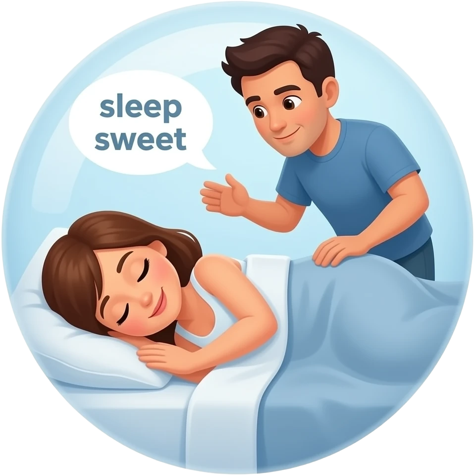 A short woman with brown hair is tucked in bed while a man with dark hair hovers above her in a white bubble. Chat text next to the man reads: "sleep sweet" emoji