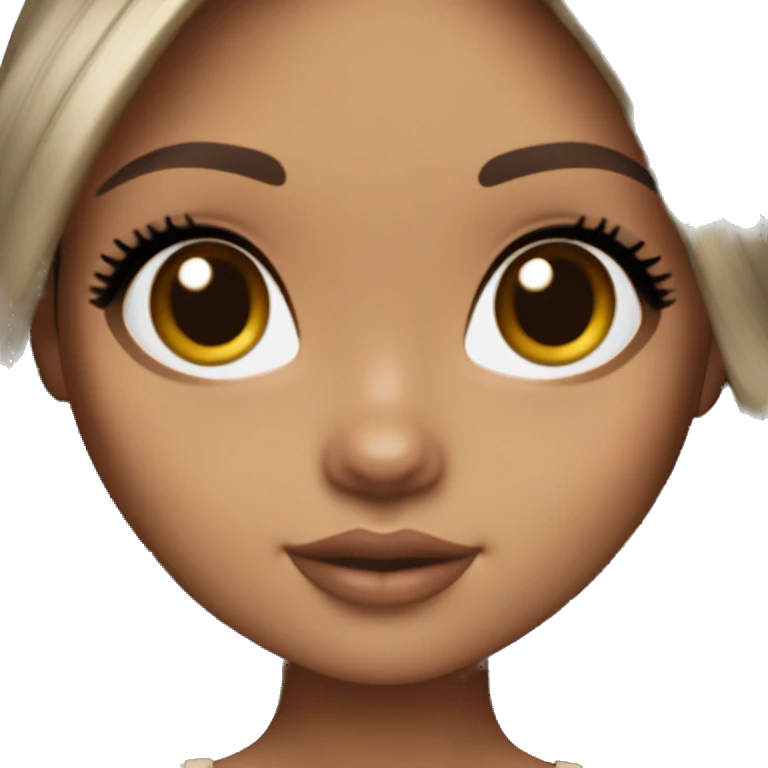 Blythe doll with tanned skin, Black straight hair with brown highlights in the ends with No Bang, with dark brown eyes and Long lashes emoji