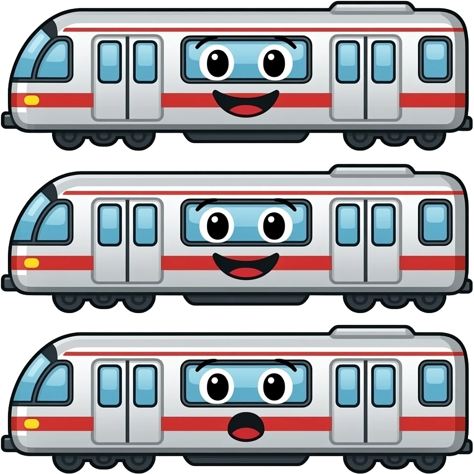 3 underground subway train with doodle faces the first train happy the second looking at the first train and the third train singing emoji