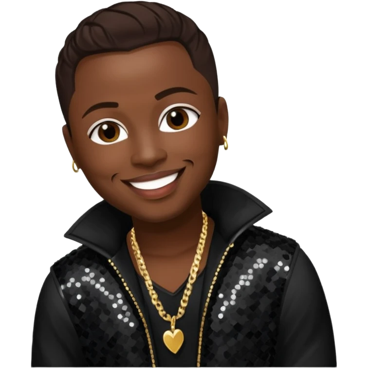 Jazz from Dru Hill with dark brown hair, black sequin outfit, dark skin emoji