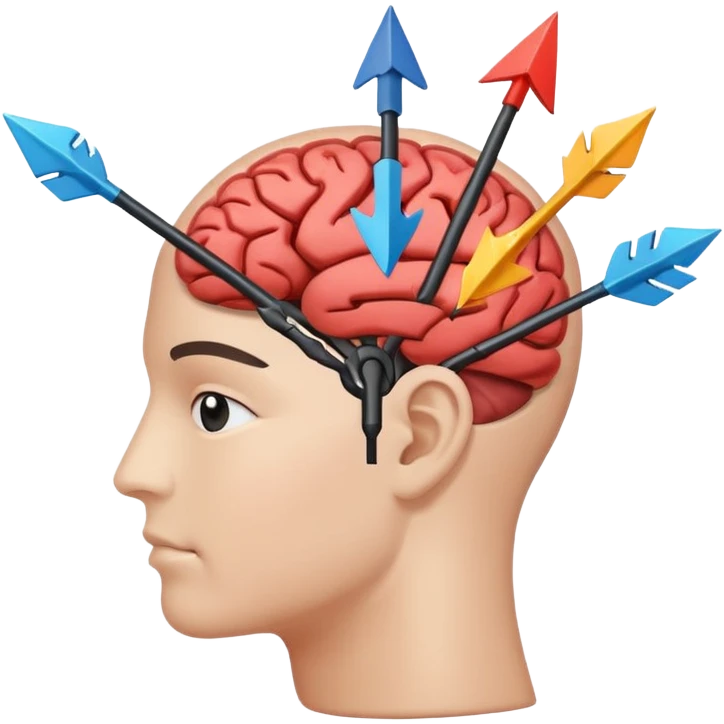 Minimalistic flat vector icon, iOS style, thin black contour on white background. Human head with brain and arrows showing thought change. No text, no shadows. emoji