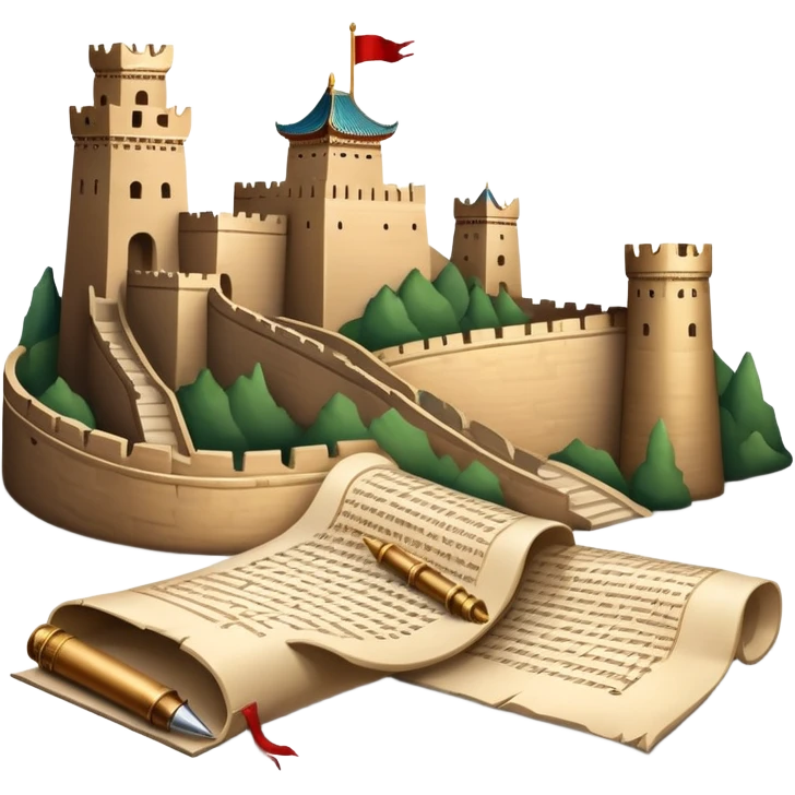 icon featuring an ancient scroll, quill pen with famous historical landmarks and monuments like the Great Wall and the Colliseum in the background. Historical figures are depicted as statues, symbolizing the study of history. Transparent background highlights the legacy of past civilizations. emoji