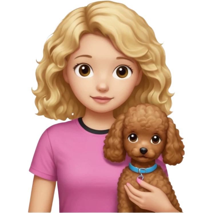 hazme un emoji que sea una niña rubi con el pelo ondulado i una camiseta rosa que ponga brownie, i acariciando a un perro (caniche toy) si pero con el pelo mas largo i no tan rubia el pelo marron i no rubia emoji