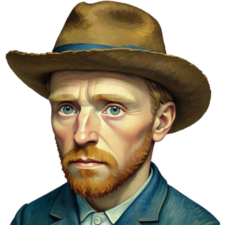 Cinematic Realistic Vincent van Gogh Portrait Emoji, depicted as the iconic artist with expressive brushstrokes and soulful eyes, rendered with rich textured detail and dynamic emotive lighting that captures his creative genius. emoji