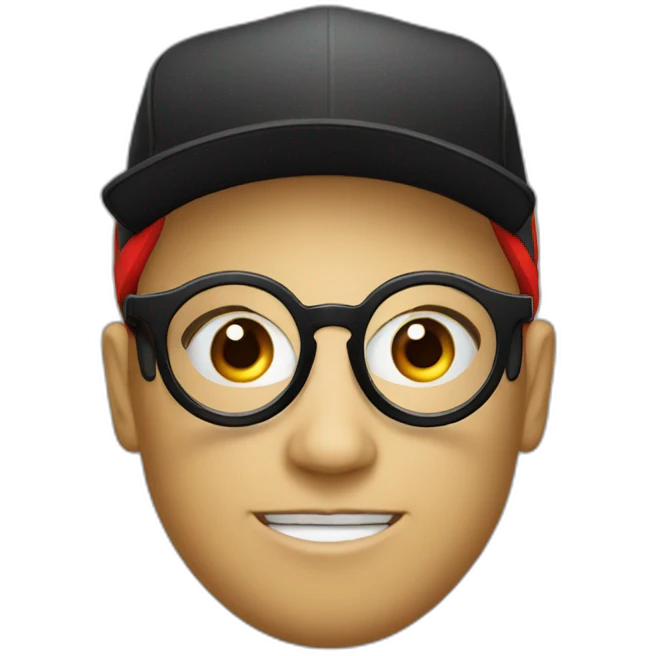 ball with a red cap with a black brim no mouth round glasses emoji