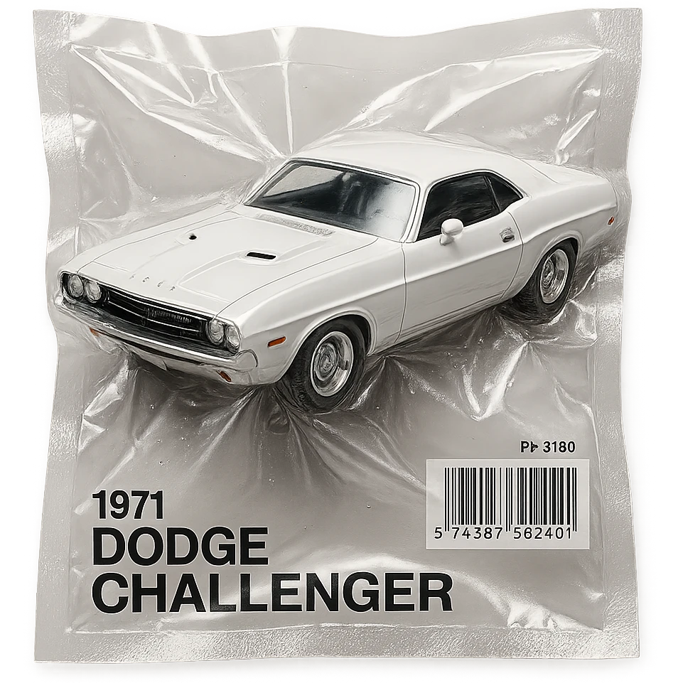 white 1971 Dodge Challenger muscle car, glossy and puffy, inspired by the movie 'Death Proof' emoji