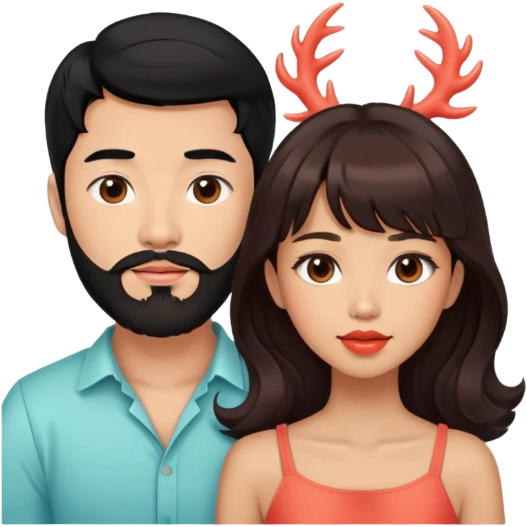 handsome asian man with black hair and beard, with cute tan skin woman with long wavy reddish brown hair with bangs and coral lipstick emoji
