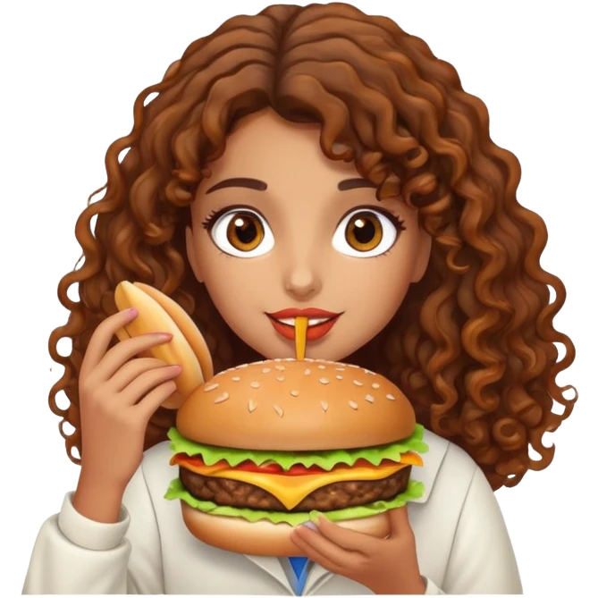 Arab girl with brown curly hair with Carmel highlights eating a burger emoji