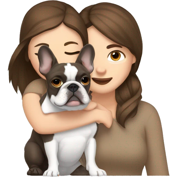 Brown hair brown eye woman hugging light brown French bulldog and grey French bulldog emoji