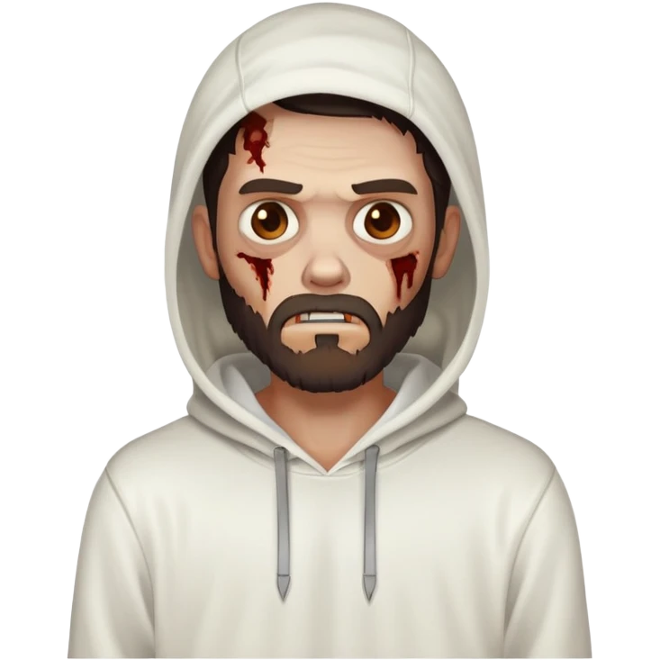 thinking zombie wearing plain white hoodie with no designs, dark brown hair and short full beard emoji