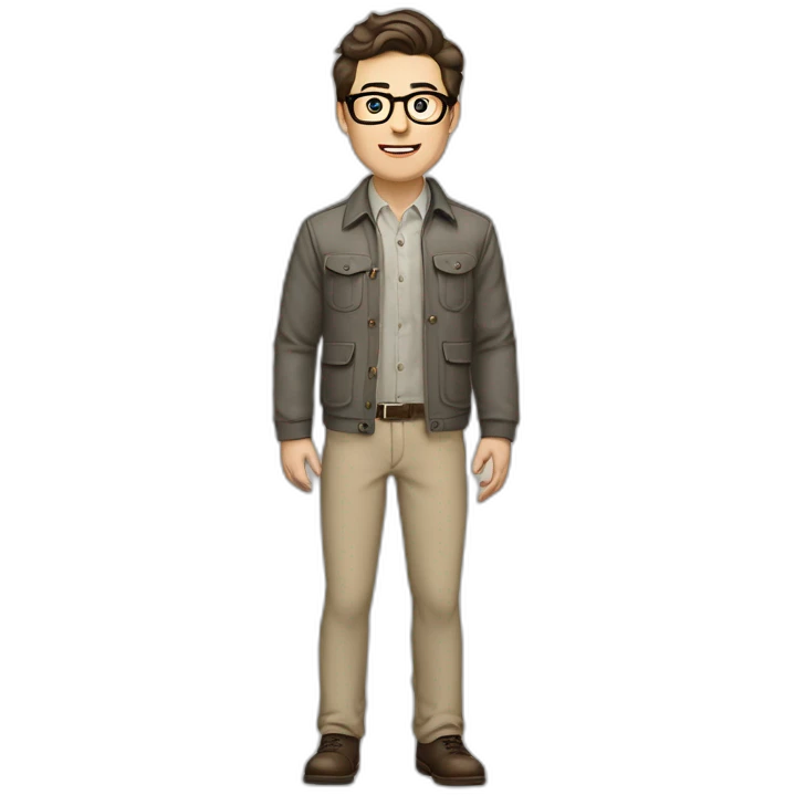 Full height Pale skinned Fit Man With dark brown hair in gray classic jacket, beige office shirt, Brown pants and vintage glasses. Thrumbs of his palms upwards emoji