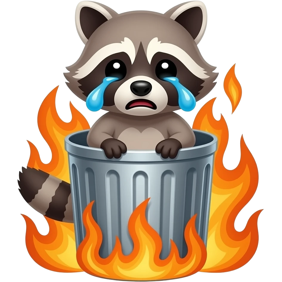 racoon in trash can on fire while crying emoji