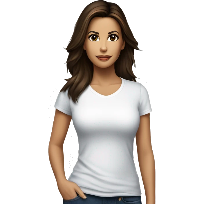 3/4 face, contrasted, shadow, light, Eva Longoria expression, standing, thin nose, brunette woman, hazel eyes, long eyelashes, dark shoulder shaded hair, white t-shirt, jeans, white sneakers emoji